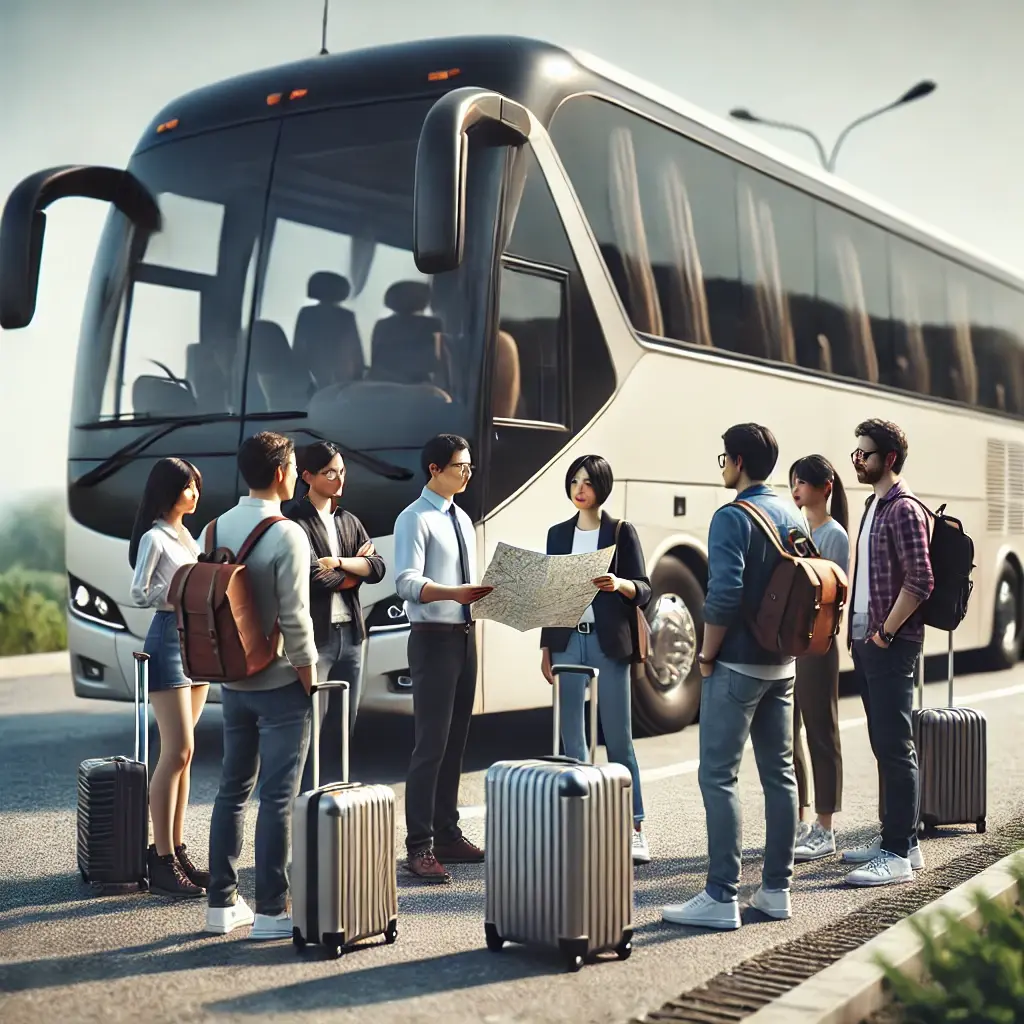 Photo d'un car avec des passagers consultants un plan.